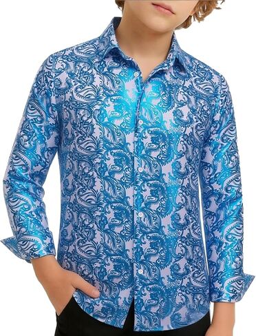 Hi-Tie Boys Shiny Floral Paisley Dress Shirts Long Sleeve Button Down Kids Luxury Metallic Printed 70s Disco Party Shirt in Kuwait