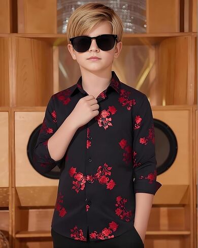 Hi-Tie Boys Shiny Floral Paisley Dress Shirts Long Sleeve Button Down Kids Luxury Metallic Printed 70s Disco Party Shirt in Kuwait