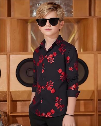 Hi-Tie Boys Shiny Floral Paisley Dress Shirts Long Sleeve Button Down Kids Luxury Metallic Printed 70s Disco Party Shirt in Kuwait