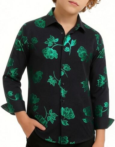 Hi-Tie Boys Shiny Floral Paisley Dress Shirts Long Sleeve Button Down Kids Luxury Metallic Printed 70s Disco Party Shirt in Kuwait