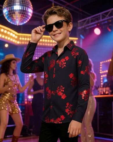 Hi-Tie Boys Shiny Floral Paisley Dress Shirts Long Sleeve Button Down Kids Luxury Metallic Printed 70s Disco Party Shirt in Kuwait