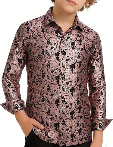 Hi-Tie Boys Shiny Floral Paisley Dress Shirts Long Sleeve Button Down Kids Luxury Metallic Printed 70s Disco Party Shirt in Kuwait