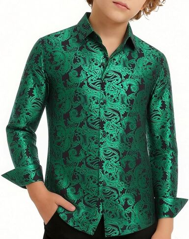 Hi-Tie Boys Shiny Floral Paisley Dress Shirts Long Sleeve Button Down Kids Luxury Metallic Printed 70s Disco Party Shirt in Kuwait