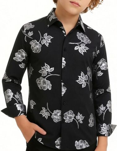 Hi-Tie Boys Shiny Floral Paisley Dress Shirts Long Sleeve Button Down Kids Luxury Metallic Printed 70s Disco Party Shirt in Kuwait