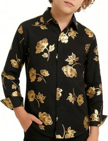 Hi-Tie Boys Shiny Floral Paisley Dress Shirts Long Sleeve Button Down Kids Luxury Metallic Printed 70s Disco Party Shirt in Kuwait