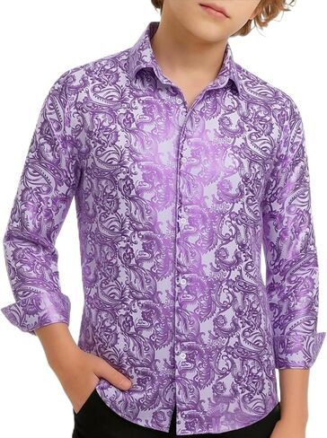 Hi-Tie Boys Shiny Floral Paisley Dress Shirts Long Sleeve Button Down Kids Luxury Metallic Printed 70s Disco Party Shirt in Kuwait