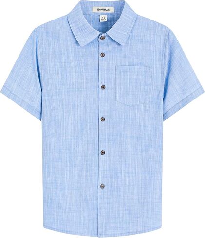 Boys Chambray Short Sleeve Shirts Toddler Linen Cotton Button Down Summer Breathable Formal Shirt for 4-12 Years in Saudi Arabia