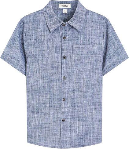 Boys Chambray Short Sleeve Shirts Toddler Linen Cotton Button Down Summer Breathable Formal Shirt for 4-12 Years in Saudi Arabia