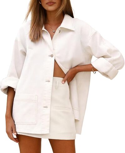 Astylish Women's Denim Shirt Long Sleeve Button Down Jean Shacket Top with Pockets in Kuwait