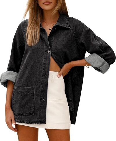 Astylish Women's Denim Shirt Long Sleeve Button Down Jean Shacket Top with Pockets in Kuwait