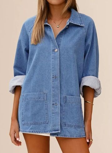 Astylish Women's Denim Shirt Long Sleeve Button Down Jean Shacket Top with Pockets in Kuwait