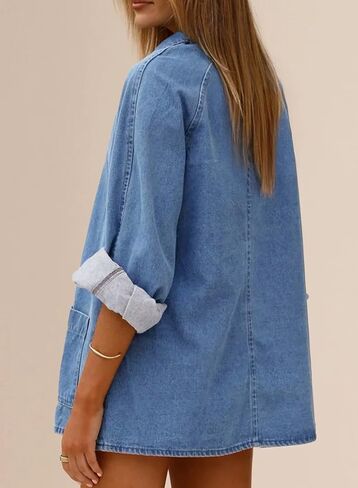 Astylish Women's Denim Shirt Long Sleeve Button Down Jean Shacket Top with Pockets in Kuwait