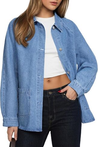 Astylish Women's Denim Shirt Long Sleeve Button Down Jean Shacket Top with Pockets in Kuwait