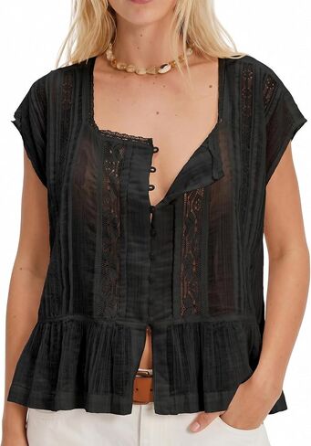 Womens Boho Semi Sheer Blouse Lace Trim Button Down Short Sleeve Cardigan Ruffled Relaxed Fit Tops Streetwear 2026 in Saudi Arabia