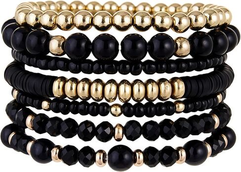 Bohemian Stackable Beaded Bracelets for Women, Multilayer Stretch Bead Bracelet Set, Vintage Boho Stacking Bracelets, Bohemian Jewelry Gifts for Women (Black) in Saudi Arabia