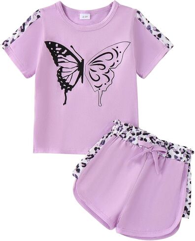 Toddler Girl Clothes Kids Summer Outfits Short Sleeve Leopard-Print T-Shirt and Shorts 2 Piece Set 2-8 Years in Saudi Arabia