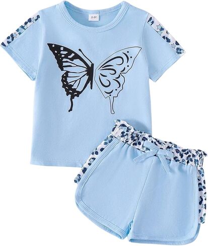 Toddler Girl Clothes Kids Summer Outfits Short Sleeve Leopard-Print T-Shirt and Shorts 2 Piece Set 2-8 Years in Saudi Arabia