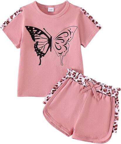 Toddler Girl Clothes Kids Summer Outfits Short Sleeve Leopard-Print T-Shirt and Shorts 2 Piece Set 2-8 Years in Saudi Arabia