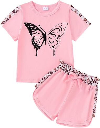 Toddler Girl Clothes Kids Summer Outfits Short Sleeve Leopard-Print T-Shirt and Shorts 2 Piece Set 2-8 Years in Saudi Arabia