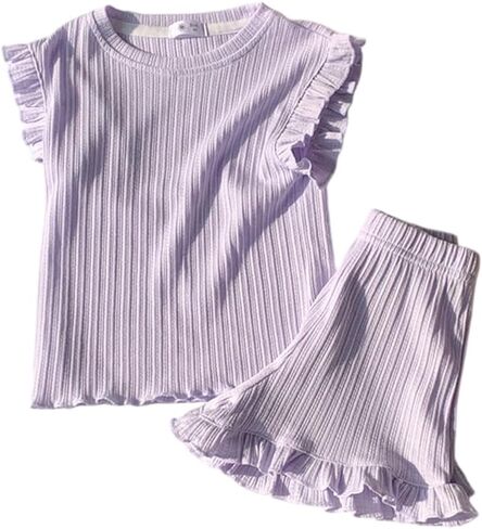 Girls 2 Piece Outfits Summer Clothes Toddler Ruffle Tank Top and Short Sets 2T-7Y in Saudi Arabia