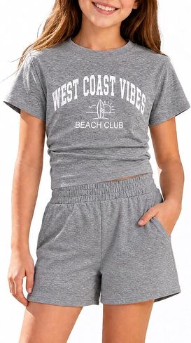 Girls Two Piece Outfit Set Summer West Coast Vibe T-Shirt & Shorts Casual Playwear in Saudi Arabia