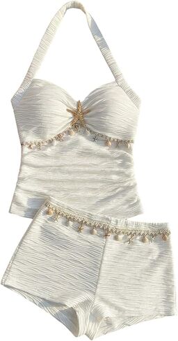 GORGLITTER Girl's Summer Outfits Cute Metal Starfish Shell Halter Top and Mini Shorts Set Textured Beach Vacation Clothes in Kuwait