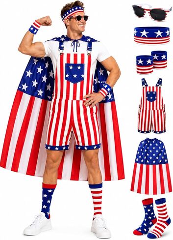 7-Piece American Flag Overalls Set for Men, Funny 4th of July Outfit | Adjustable fit, lightweight comfort and patriotic accessories for parades, parties, festivals and celebrations in Saudi Arabia