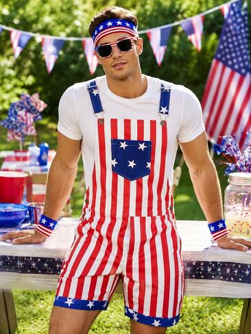 7-Piece American Flag Overalls Set for Men, Funny 4th of July Outfit | Adjustable fit, lightweight comfort and patriotic accessories for parades, parties, festivals and celebrations in Saudi Arabia