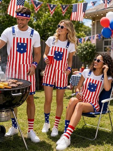 7-Piece American Flag Overalls Set for Men, Funny 4th of July Outfit | Adjustable fit, lightweight comfort and patriotic accessories for parades, parties, festivals and celebrations in Saudi Arabia