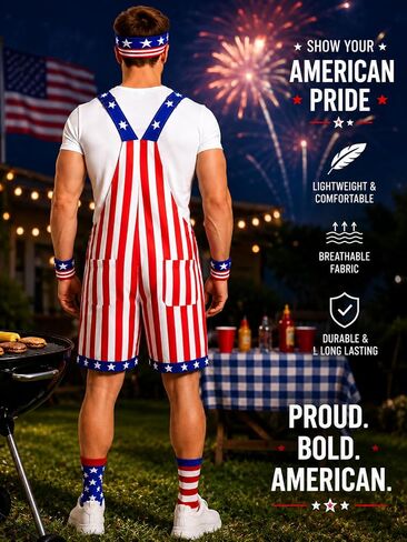 7-Piece American Flag Overalls Set for Men, Funny 4th of July Outfit | Adjustable fit, lightweight comfort and patriotic accessories for parades, parties, festivals and celebrations in Saudi Arabia