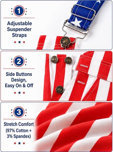 7-Piece American Flag Overalls Set for Men, Funny 4th of July Outfit | Adjustable fit, lightweight comfort and patriotic accessories for parades, parties, festivals and celebrations in Saudi Arabia