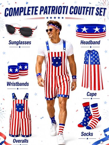 7-Piece American Flag Overalls Set for Men, Funny 4th of July Outfit | Adjustable fit, lightweight comfort and patriotic accessories for parades, parties, festivals and celebrations in Saudi Arabia