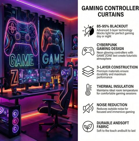 Gaming Blackout Curtains for Boys Bedroom, Neon Game Zone Controller Window Drapes for Gamer Room Decor, Thermal Insulated Grommet Panels, 42W x 45L Inch, 2 Panels in Saudi Arabia