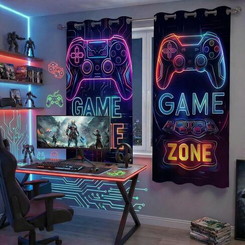Gaming Blackout Curtains for Boys Bedroom, Neon Game Zone Controller Window Drapes for Gamer Room Decor, Thermal Insulated Grommet Panels, 42W x 45L Inch, 2 Panels in Saudi Arabia