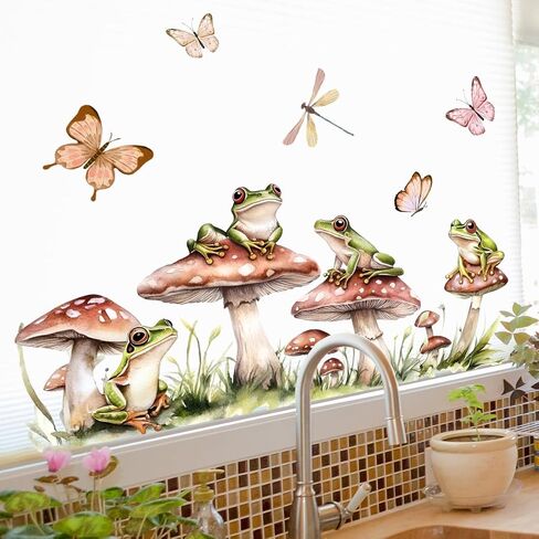 Woodland Mushroom Frog Wall Decals with Butterflies and Grass - Watercolor Spring Forest Theme Removable Vinyl Stickers for Girls Bedroom, Nursery, Living Room, Kitchen - 23.6x11.8 Inch in Kuwait
