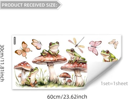 Woodland Mushroom Frog Wall Decals with Butterflies and Grass - Watercolor Spring Forest Theme Removable Vinyl Stickers for Girls Bedroom, Nursery, Living Room, Kitchen - 23.6x11.8 Inch in Kuwait
