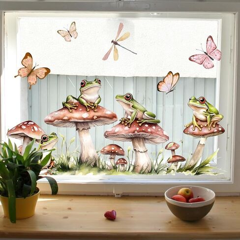Woodland Mushroom Frog Wall Decals with Butterflies and Grass - Watercolor Spring Forest Theme Removable Vinyl Stickers for Girls Bedroom, Nursery, Living Room, Kitchen - 23.6x11.8 Inch in Kuwait