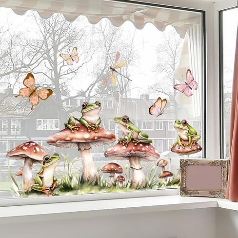 Woodland Mushroom Frog Wall Decals with Butterflies and Grass - Watercolor Spring Forest Theme Removable Vinyl Stickers for Girls Bedroom, Nursery, Living Room, Kitchen - 23.6x11.8 Inch in Kuwait