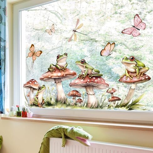 Woodland Mushroom Frog Wall Decals with Butterflies and Grass - Watercolor Spring Forest Theme Removable Vinyl Stickers for Girls Bedroom, Nursery, Living Room, Kitchen - 23.6x11.8 Inch in Kuwait