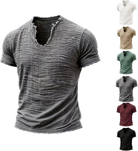 Linen Shirts for Men Short Sleeve V Neck T Shirts Raw Hem Retro Summer Beach Blouses Casual Tassel Vacation Tops in Saudi Arabia