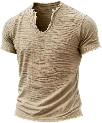 Linen Shirts for Men Short Sleeve V Neck T Shirts Raw Hem Retro Summer Beach Blouses Casual Tassel Vacation Tops in Saudi Arabia