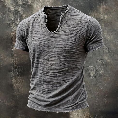 Linen Shirts for Men Short Sleeve V Neck T Shirts Raw Hem Retro Summer Beach Blouses Casual Tassel Vacation Tops in Saudi Arabia