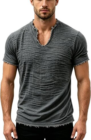 Linen Shirts for Men Short Sleeve V Neck T Shirts Raw Hem Retro Summer Beach Blouses Casual Tassel Vacation Tops in Saudi Arabia