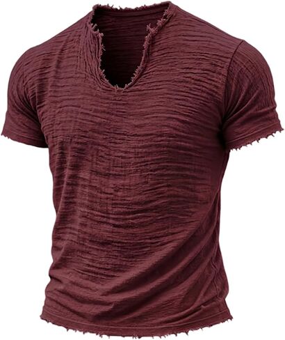 Linen Shirts for Men Short Sleeve V Neck T Shirts Raw Hem Retro Summer Beach Blouses Casual Tassel Vacation Tops in Saudi Arabia