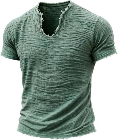 Linen Shirts for Men Short Sleeve V Neck T Shirts Raw Hem Retro Summer Beach Blouses Casual Tassel Vacation Tops in Saudi Arabia