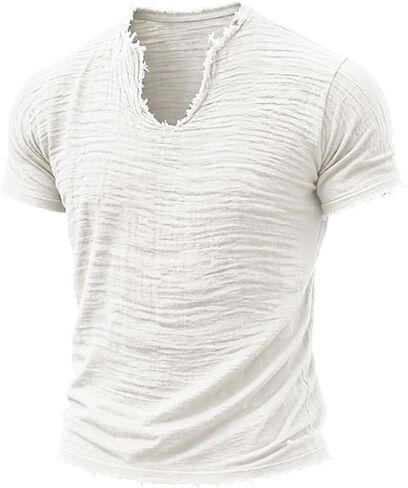 Linen Shirts for Men Short Sleeve V Neck T Shirts Raw Hem Retro Summer Beach Blouses Casual Tassel Vacation Tops in Saudi Arabia