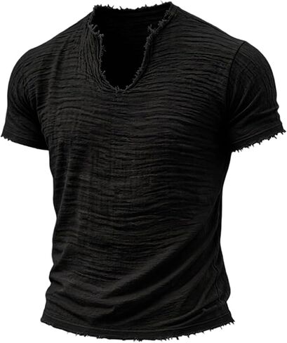 Linen Shirts for Men Short Sleeve V Neck T Shirts Raw Hem Retro Summer Beach Blouses Casual Tassel Vacation Tops in Saudi Arabia
