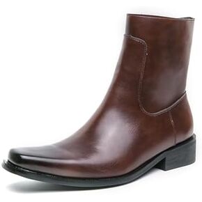 Mens Leather Pull On Low Chunky Heels Square Toe Dress Western Chelsea Boots Casual Ankle Cowboy Boots with Side Zipper & Buckles for Prom Formal Party Working Business in Saudi Arabia