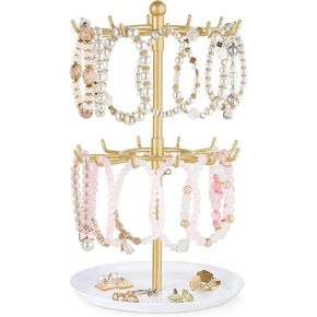 Mkono Bracelet Holder Gold Metal Rotating Bracelet Display Stand 2 Tier Jewelry Organizer with 24 Hooks and Wood Tray Adjustable Tree Stand Tower Rack for Storage Selling KeyChain Bangle Accessories in Saudi Arabia