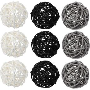 9 Pcs Rattan Decorative Balls, 3 Colors (Black, White, Gray), Handcrafted Woven Yarn Balls for Home Decor, Weddings, Parties, and Special Occasions in Saudi Arabia